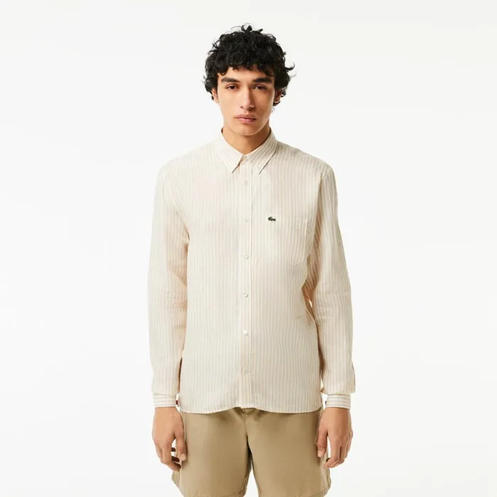 Button Down Shirts Men Lacoste Men039s Regular Fit Linen Shirt White Beige Ir7