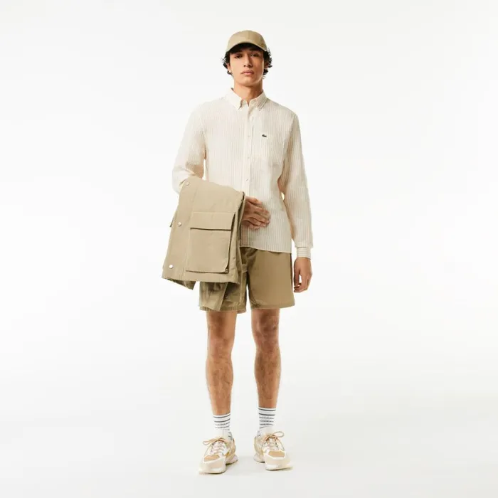 Button Down Shirts Men Lacoste Men039s Regular Fit Linen Shirt White Beige Ir7