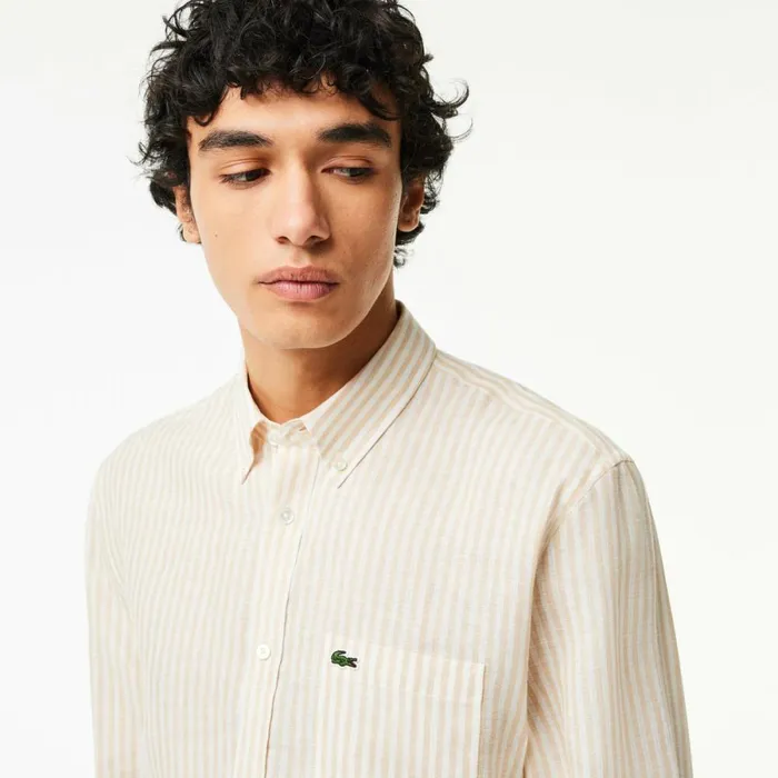 Button Down Shirts Men Lacoste Men039s Regular Fit Linen Shirt White Beige Ir7