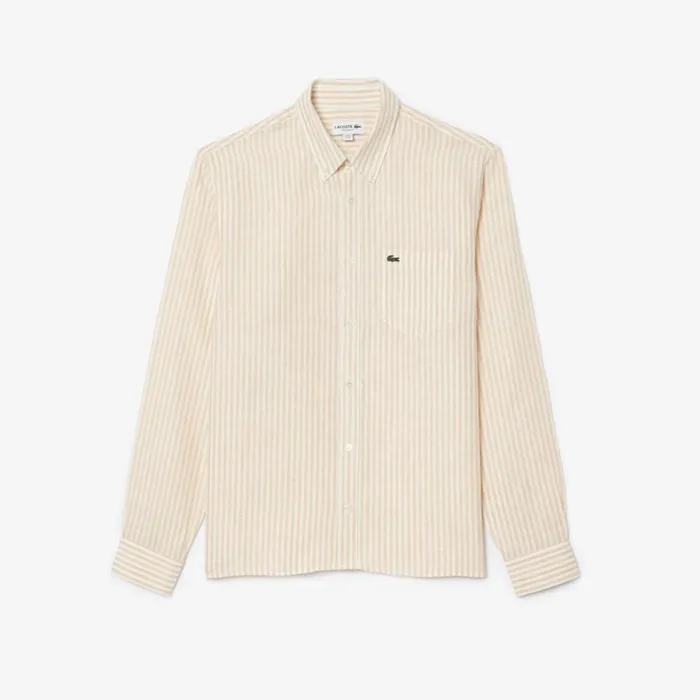 Button Down Shirts Men Lacoste Men039s Regular Fit Linen Shirt White Beige Ir7