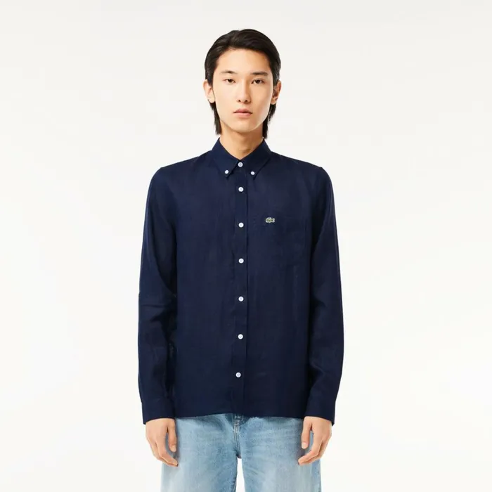 Button Down Shirts Men Lacoste Mens Linen Shirt Navy Blue 166