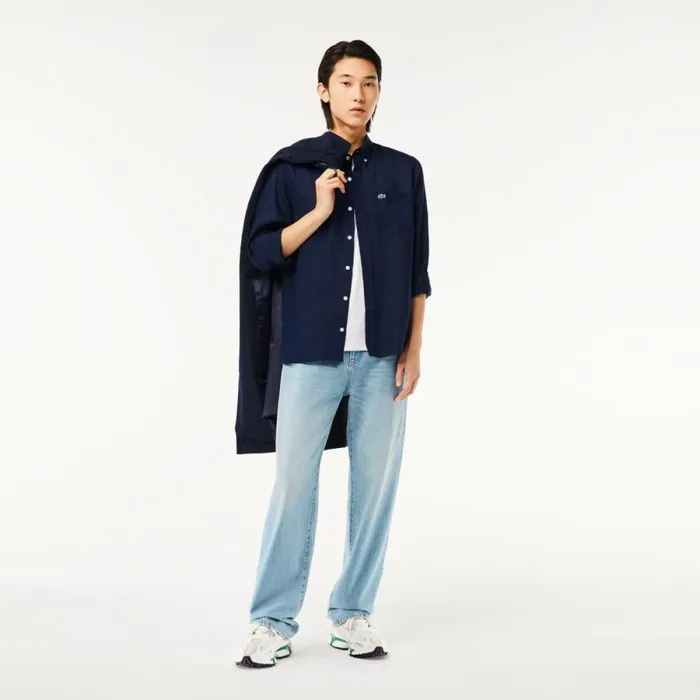 Button Down Shirts Men Lacoste Mens Linen Shirt Navy Blue 166