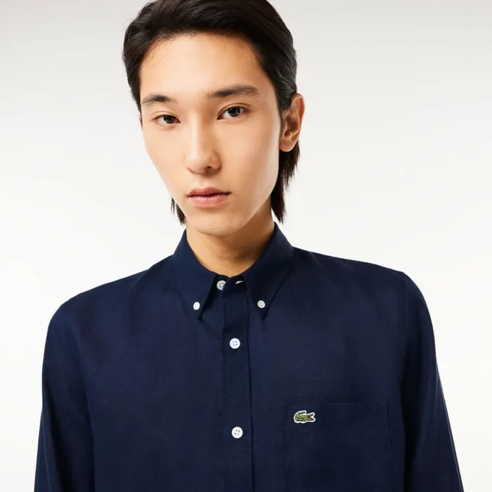 Button Down Shirts Men Lacoste Mens Linen Shirt Navy Blue 166