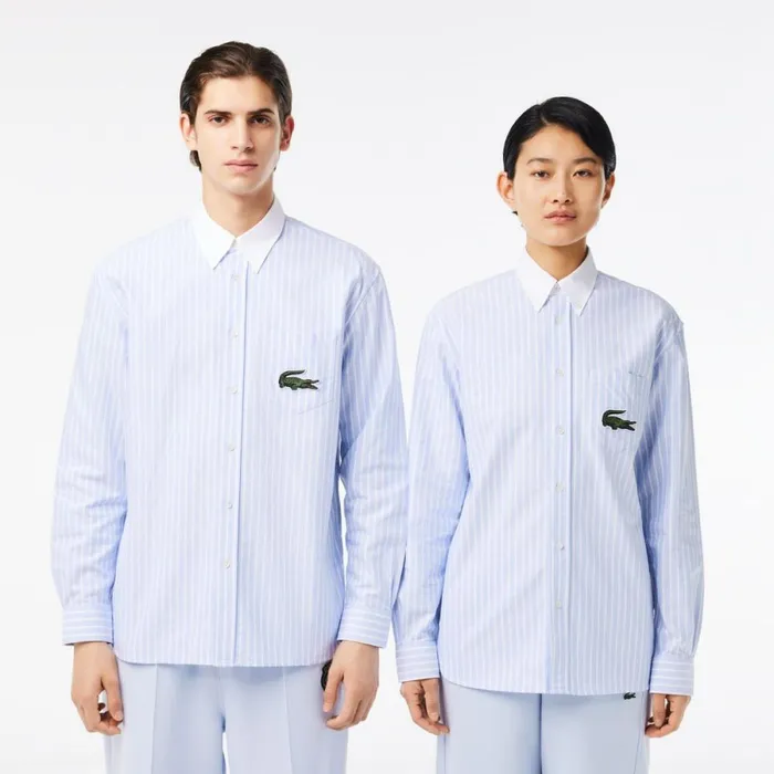 Button Down Shirts Men Lacoste Unisex Striped Contrast Collar Cotton Oxford Shirt Blue White E7b