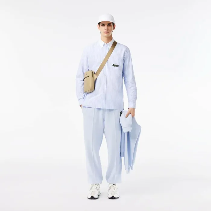 Button Down Shirts Men Lacoste Unisex Striped Contrast Collar Cotton Oxford Shirt Blue White E7b