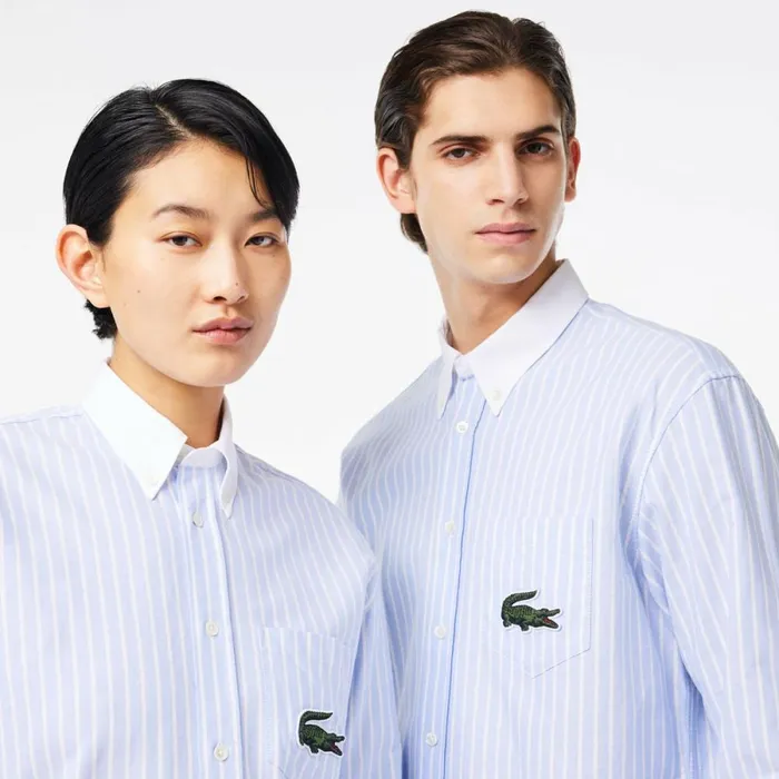Button Down Shirts Men Lacoste Unisex Striped Contrast Collar Cotton Oxford Shirt Blue White E7b