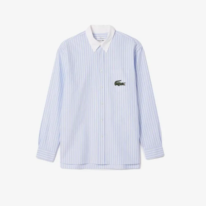 Button Down Shirts Men Lacoste Unisex Striped Contrast Collar Cotton Oxford Shirt Blue White E7b