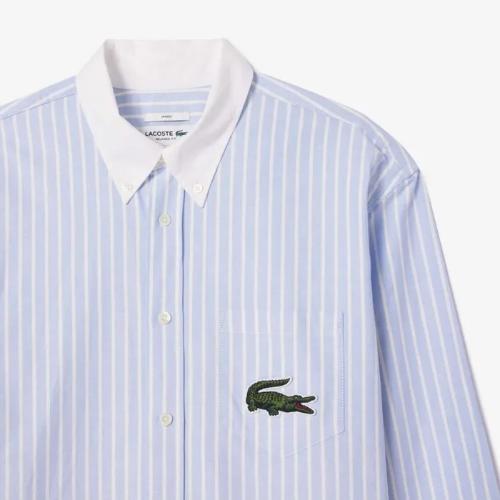 Button Down Shirts Men Lacoste Unisex Striped Contrast Collar Cotton Oxford Shirt Blue White E7b