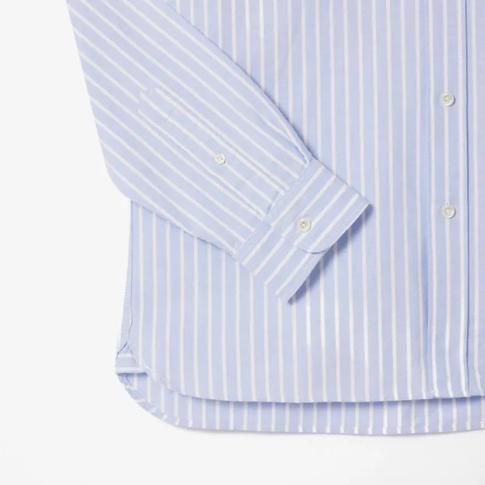 Button Down Shirts Men Lacoste Unisex Striped Contrast Collar Cotton Oxford Shirt Blue White E7b