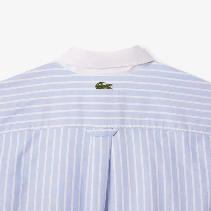 Button Down Shirts Men Lacoste Unisex Striped Contrast Collar Cotton Oxford Shirt Blue White E7b