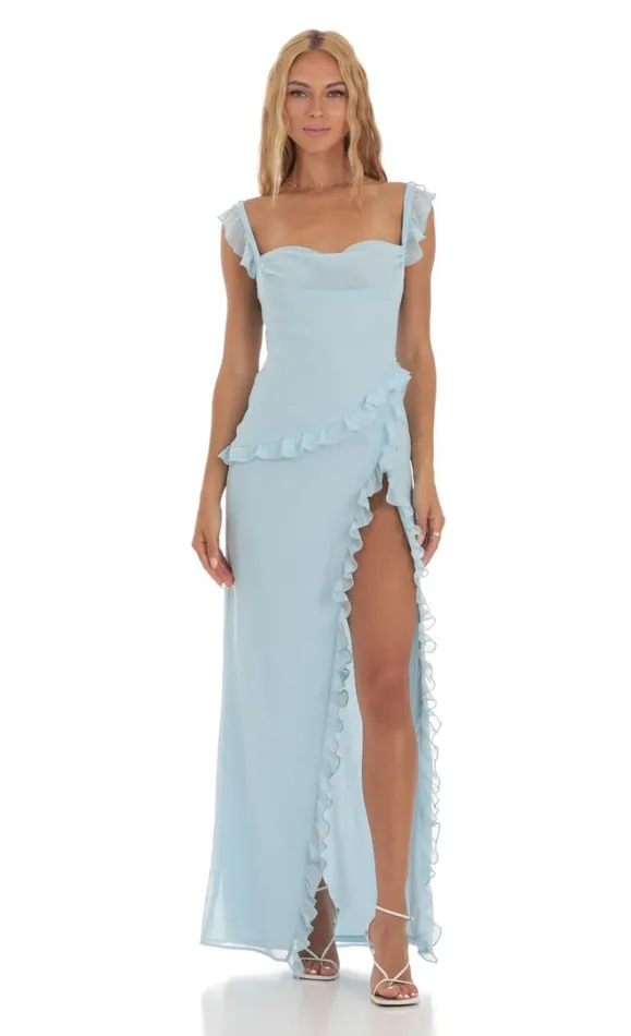 Chiffon Ruffle Dress Blue Women LUCY IN THE SKY Maxi Dresses