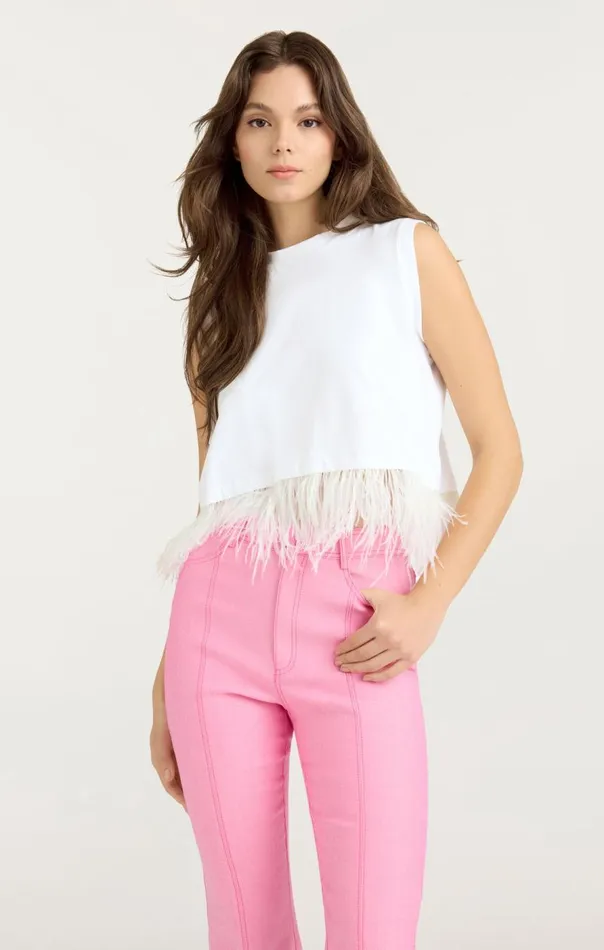Cinq Sept Cropped Feather Tee White Women Tees