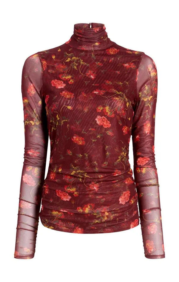Cinq Sept Falling Poppies Shirred Mesh Turtleneck Rhubarbmulti Women Long Sleeve Tops