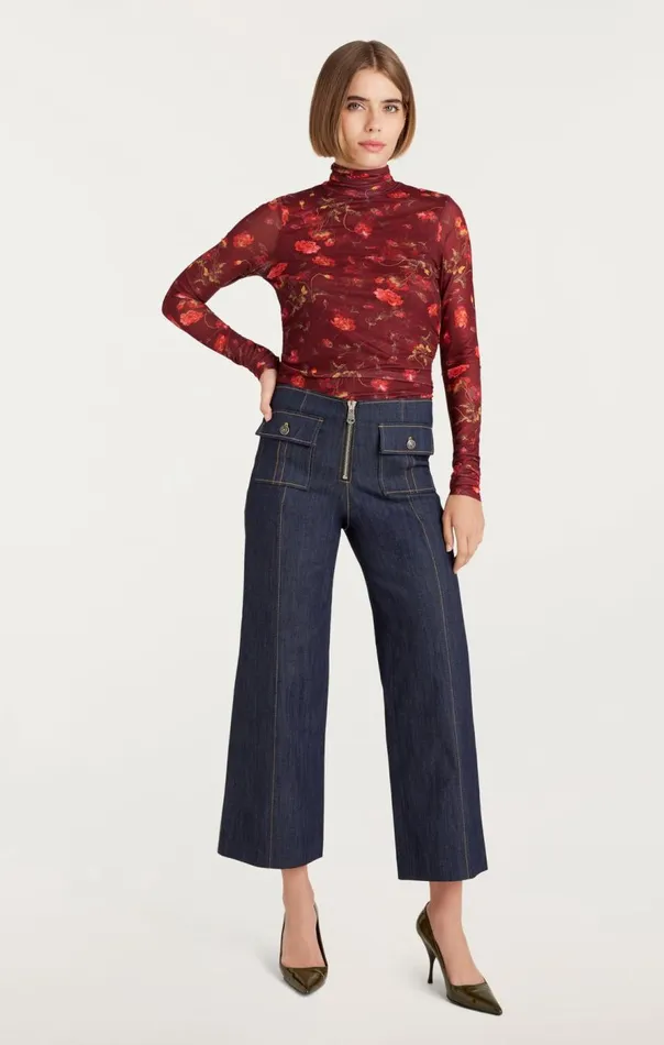 Cinq Sept Falling Poppies Shirred Mesh Turtleneck Rhubarbmulti Women Long Sleeve Tops