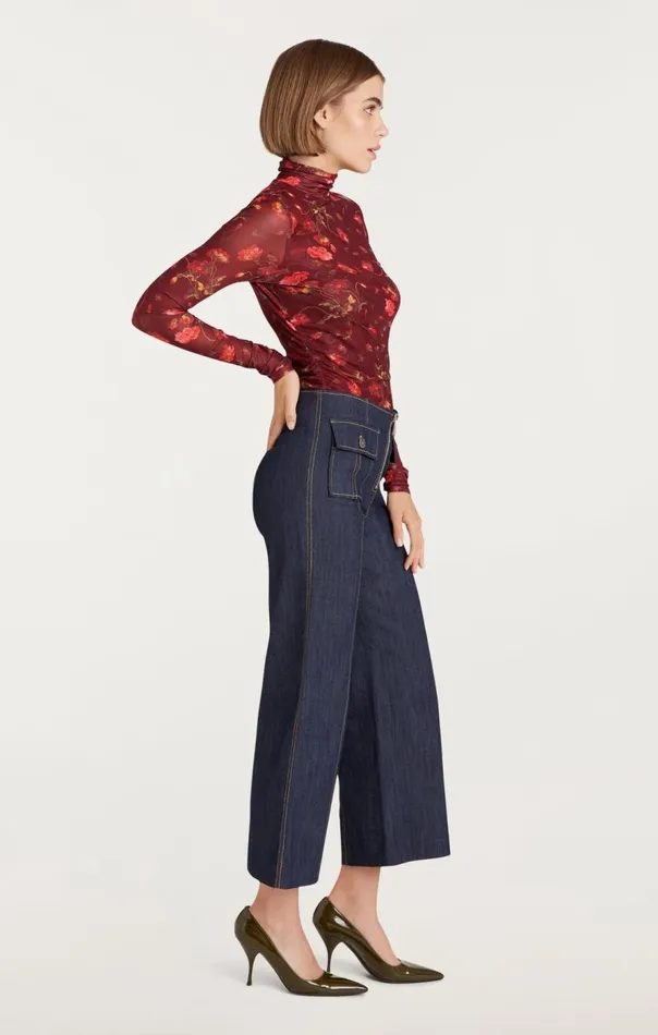 Cinq Sept Falling Poppies Shirred Mesh Turtleneck Rhubarbmulti Women Long Sleeve Tops