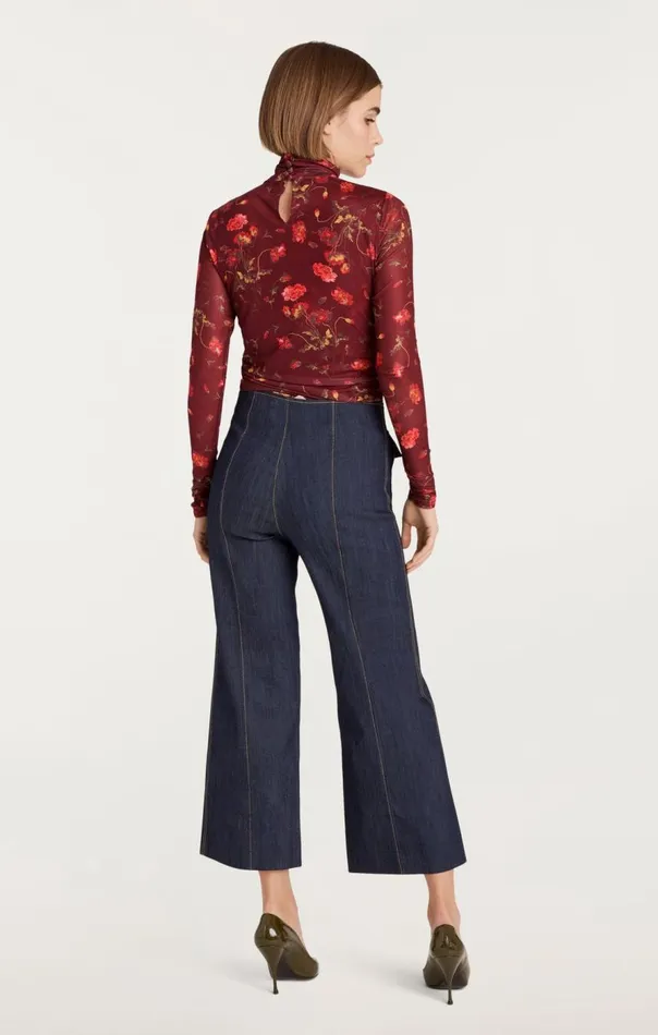 Cinq Sept Falling Poppies Shirred Mesh Turtleneck Rhubarbmulti Women Long Sleeve Tops