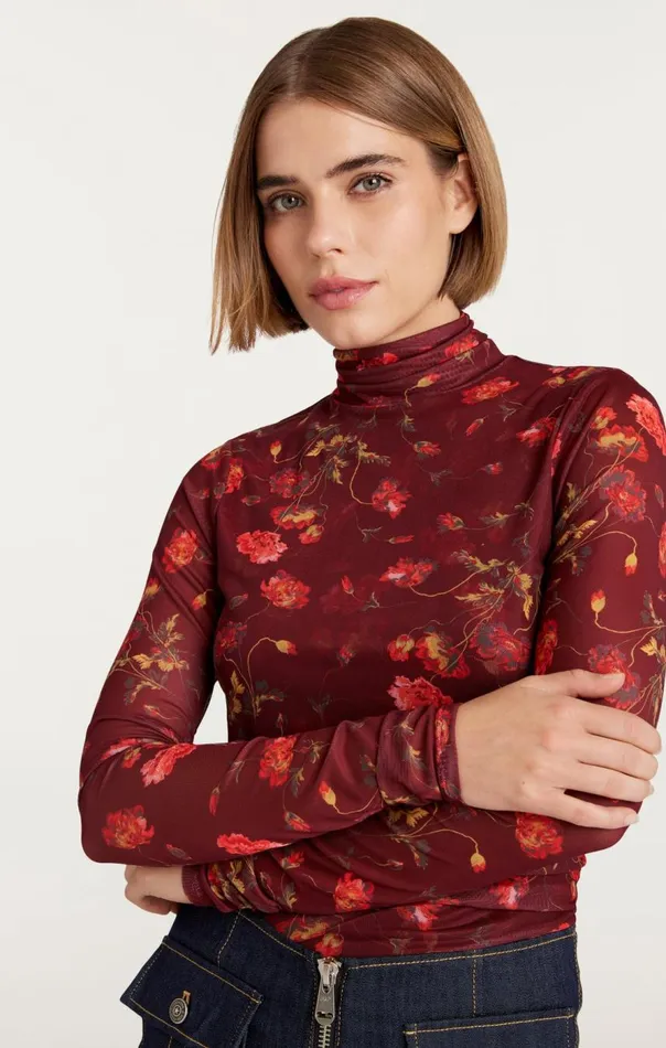 Cinq Sept Falling Poppies Shirred Mesh Turtleneck Rhubarbmulti Women Long Sleeve Tops
