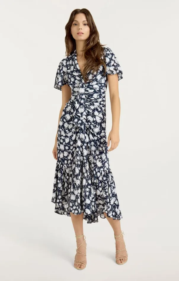 Cinq Sept Graphic Floral Peeta Dress Navyivory Women Midi