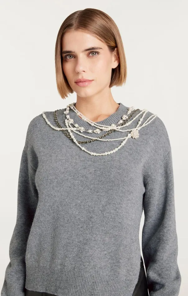 Cinq Sept Necklace Lilliana Pullover Lightheathergrey Women Long Sleeve Tops
