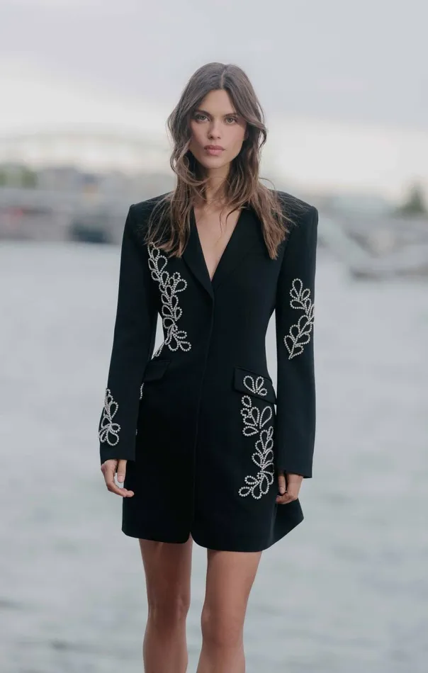 Cinq Sept Rhinestone Paisley Long Sleeve Joel Dress Black Women Cocktail and Evening