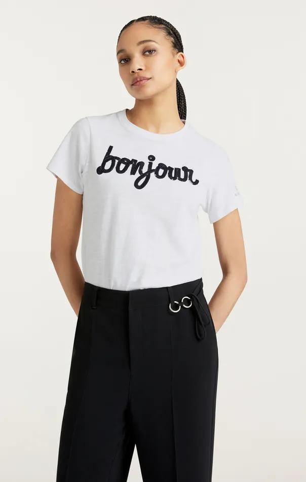 Cinq Sept Shrunken Fringe Bonjour Tee Whiteblack Women Tees