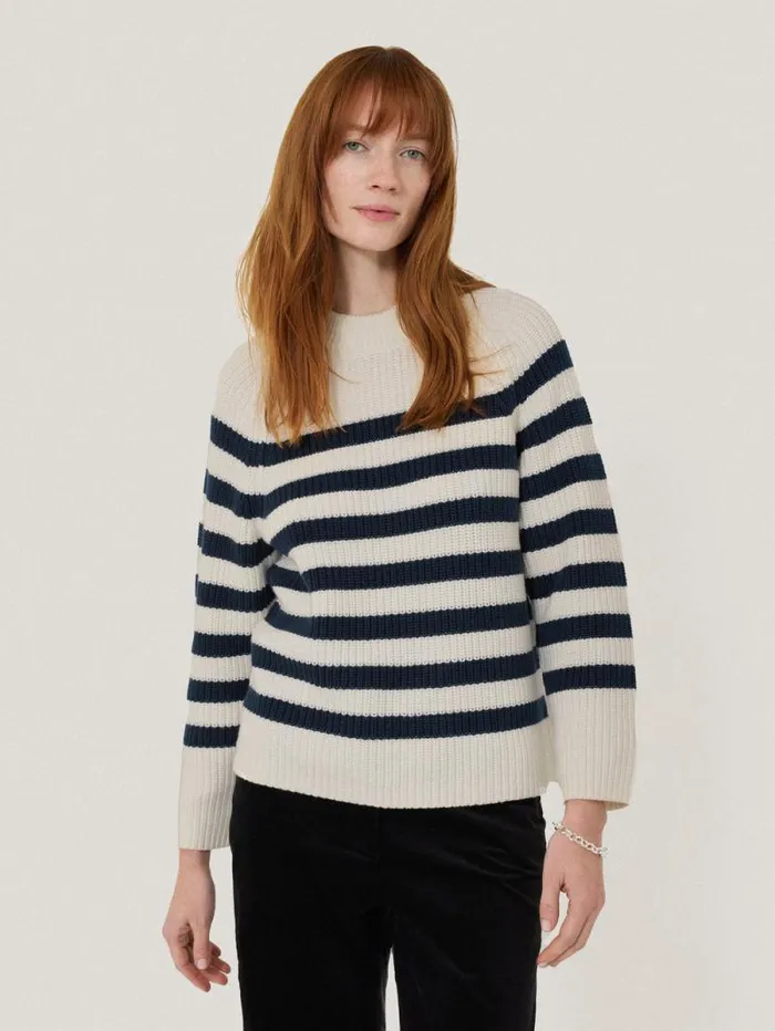 Cotton Blend Stripe Jumper Navy Women Jigsaw Knitwear and Cashmere