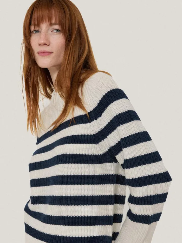 Cotton Blend Stripe Jumper Navy Women Jigsaw Knitwear and Cashmere