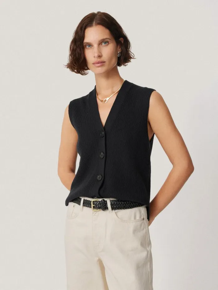 Cotton Blend Waistcoat Washed Black Women Jigsaw Knitwear and Cashmere