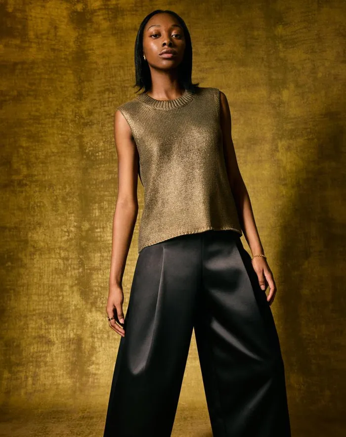 Cotton Metallic Crew Tank Gold Women Jigsaw Party