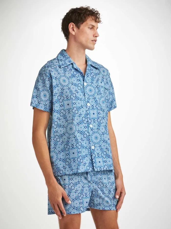 Cotton Pajamas Men Derek Rose Short Pajamas Ledbury 69 Cotton Batiste Blue