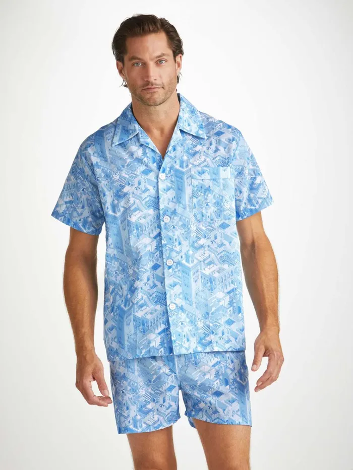 Cotton Pajamas Men Derek Rose Short Pajamas Ledbury 70 Cotton Batiste Blue