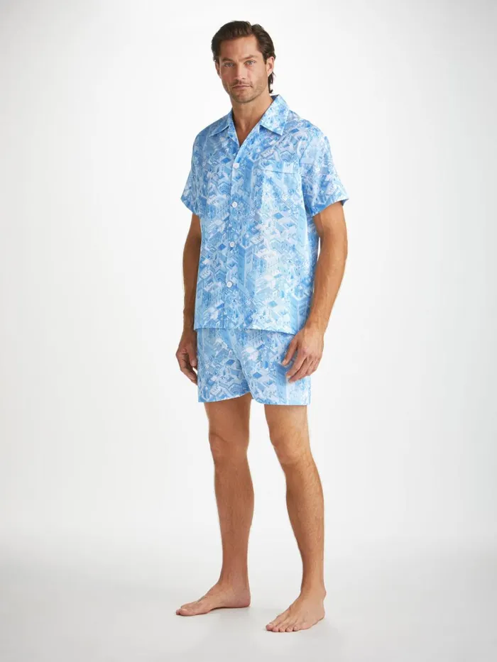 Cotton Pajamas Men Derek Rose Short Pajamas Ledbury 70 Cotton Batiste Blue