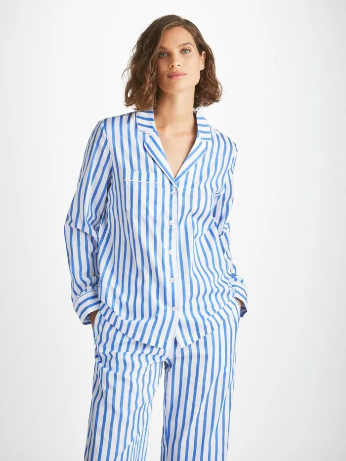 Cotton Pajamas Women Derek Rose Pajamas Capri 23 Cotton Batiste Blue