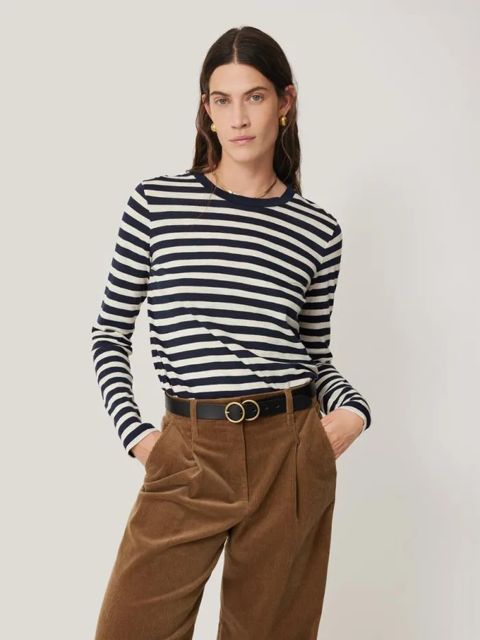 Cotton Slub Stripe Long Sleeve Tee Navy Women Jigsaw Pyjamas and Loungewear