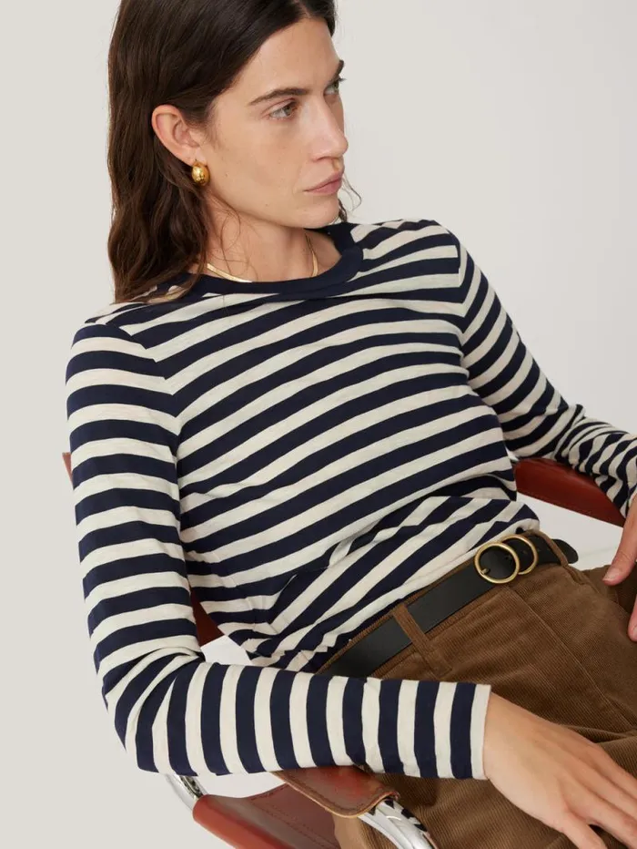 Cotton Slub Stripe Long Sleeve Tee Navy Women Jigsaw Pyjamas and Loungewear