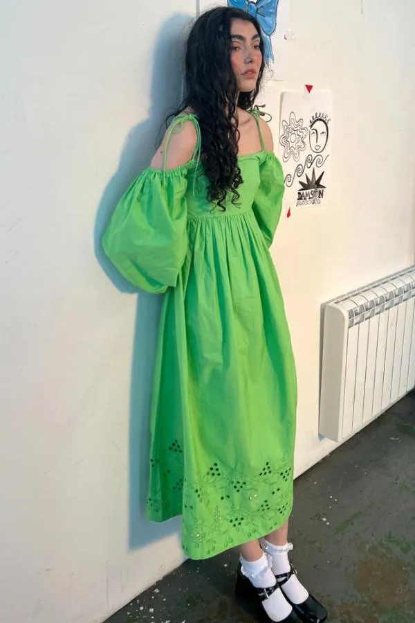 Damson Madder Dresses Women Edwina Green Broderie Bardot Midi Dress
