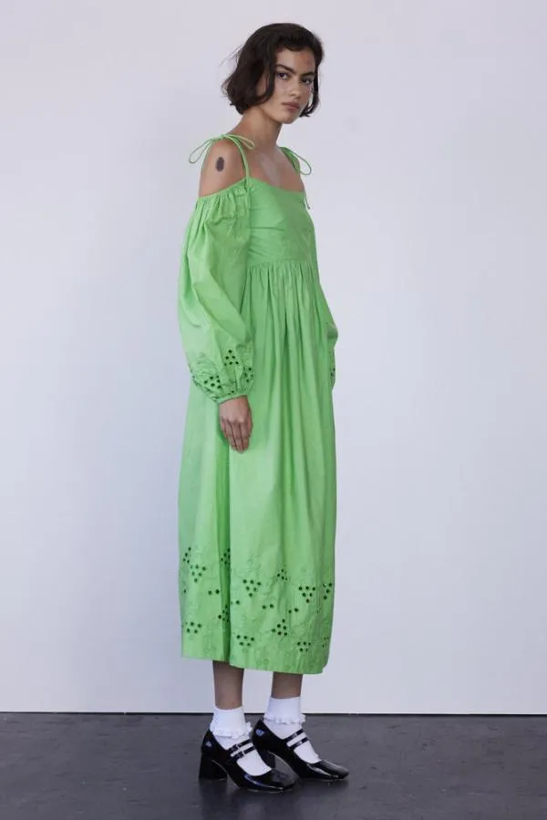 Damson Madder Dresses Women Edwina Green Broderie Bardot Midi Dress