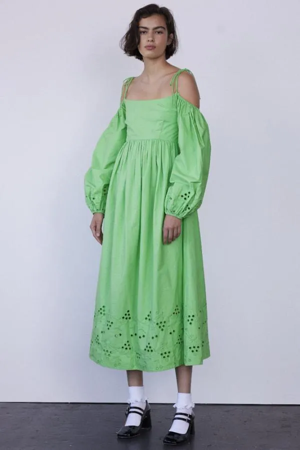Damson Madder Dresses Women Edwina Green Broderie Bardot Midi Dress