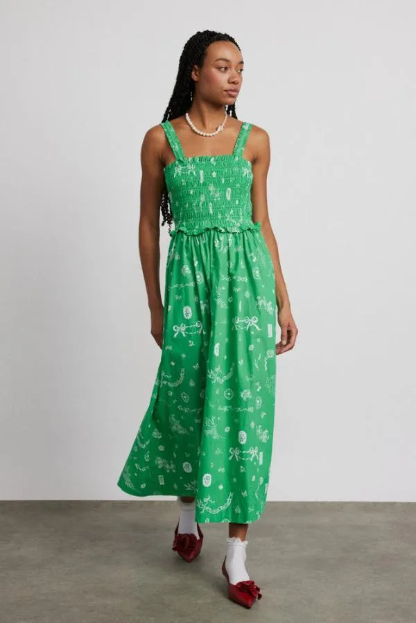 Damson Madder Dresses Women Keira Shirred Midi Dress 8211 Green Symbol Print