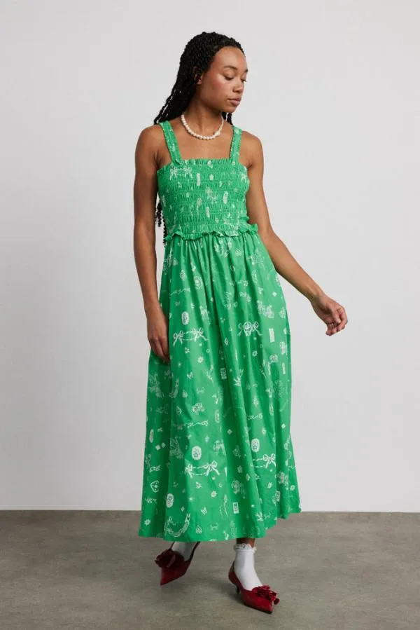 Damson Madder Dresses Women Keira Shirred Midi Dress 8211 Green Symbol Print