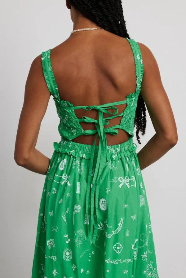 Damson Madder Dresses Women Keira Shirred Midi Dress 8211 Green Symbol Print