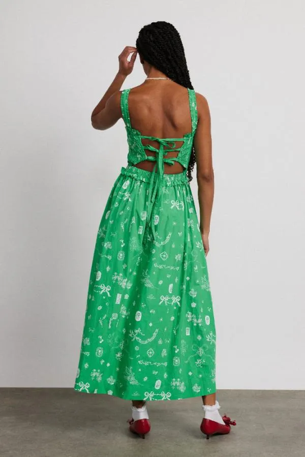 Damson Madder Dresses Women Keira Shirred Midi Dress 8211 Green Symbol Print