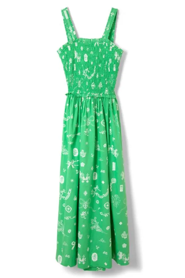 Damson Madder Dresses Women Keira Shirred Midi Dress 8211 Green Symbol Print