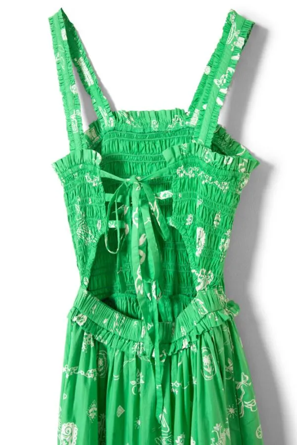 Damson Madder Dresses Women Keira Shirred Midi Dress 8211 Green Symbol Print