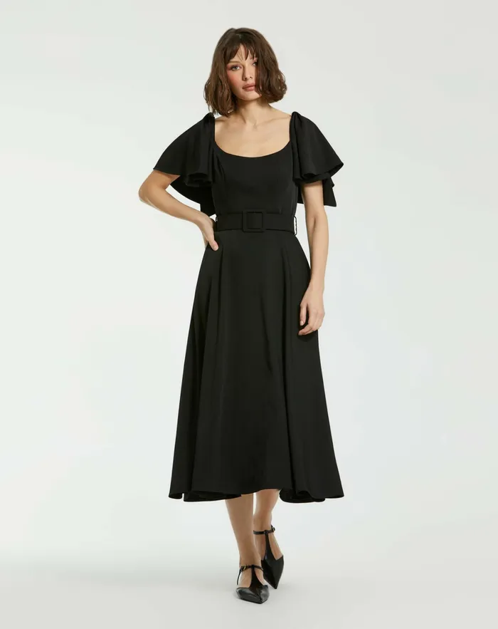 Daytime Dresses Crepe Ruffle Sleeve Midi Dress With Belt Black 8211 Mac Duggal Women