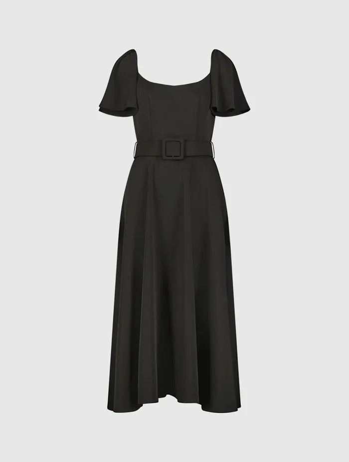 Daytime Dresses Crepe Ruffle Sleeve Midi Dress With Belt Black 8211 Mac Duggal Women