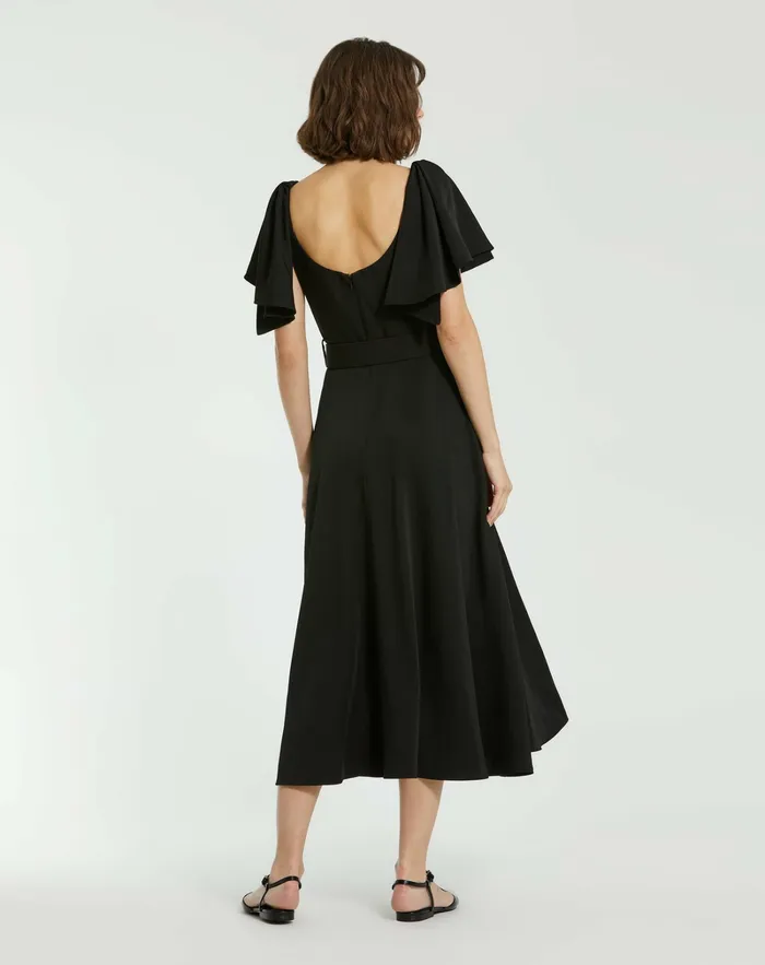 Daytime Dresses Crepe Ruffle Sleeve Midi Dress With Belt Black 8211 Mac Duggal Women