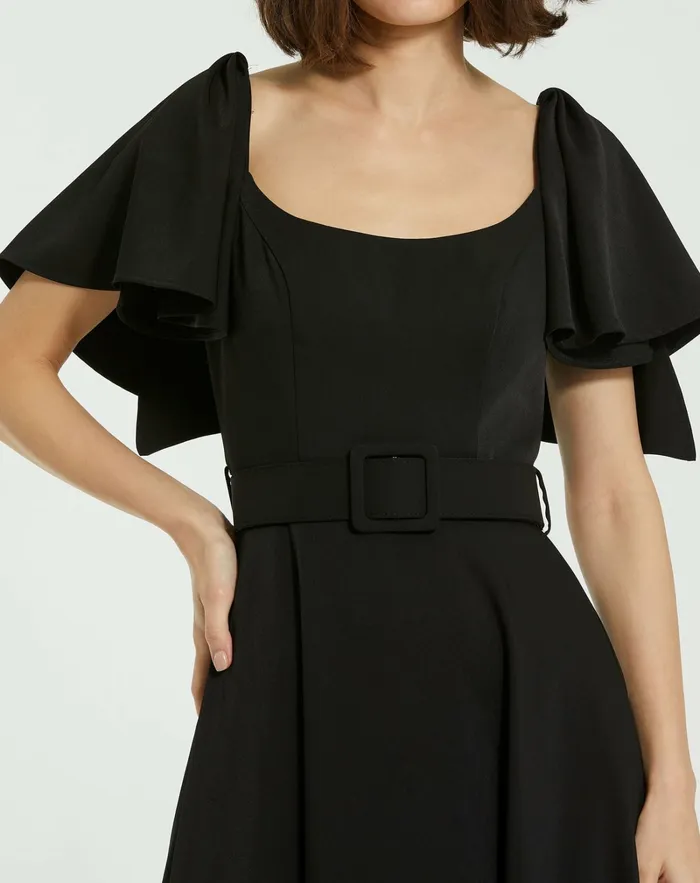 Daytime Dresses Crepe Ruffle Sleeve Midi Dress With Belt Black 8211 Mac Duggal Women