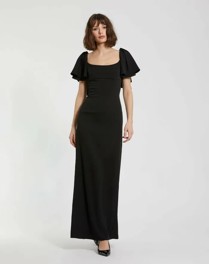 Daytime Dresses Mac Duggal Women Black Crepe Fitted Long Dress With Short Ruffle Sleeves Black Daytime Dresses Mac Duggal Women Black Crepe Fitted Long Dress With Short Ruffle Sleeves Black