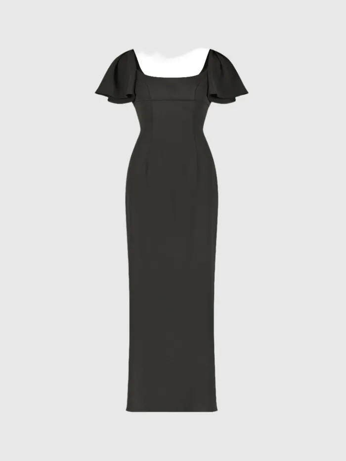 Daytime Dresses Mac Duggal Women Black Crepe Fitted Long Dress With Short Ruffle Sleeves Black